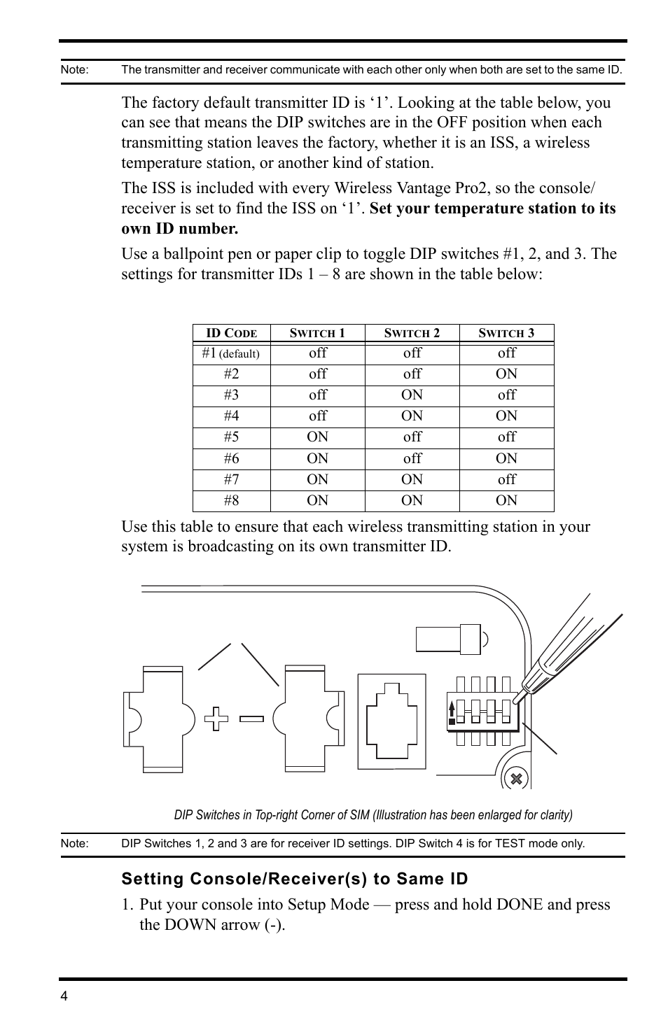 Id code, Switch 1, Switch 2 | Switch 3, Setting console/receiver(s) to same id | DAVIS Wireless Temperature Station (6372) Installation Manual User Manual | Page 4 / 12