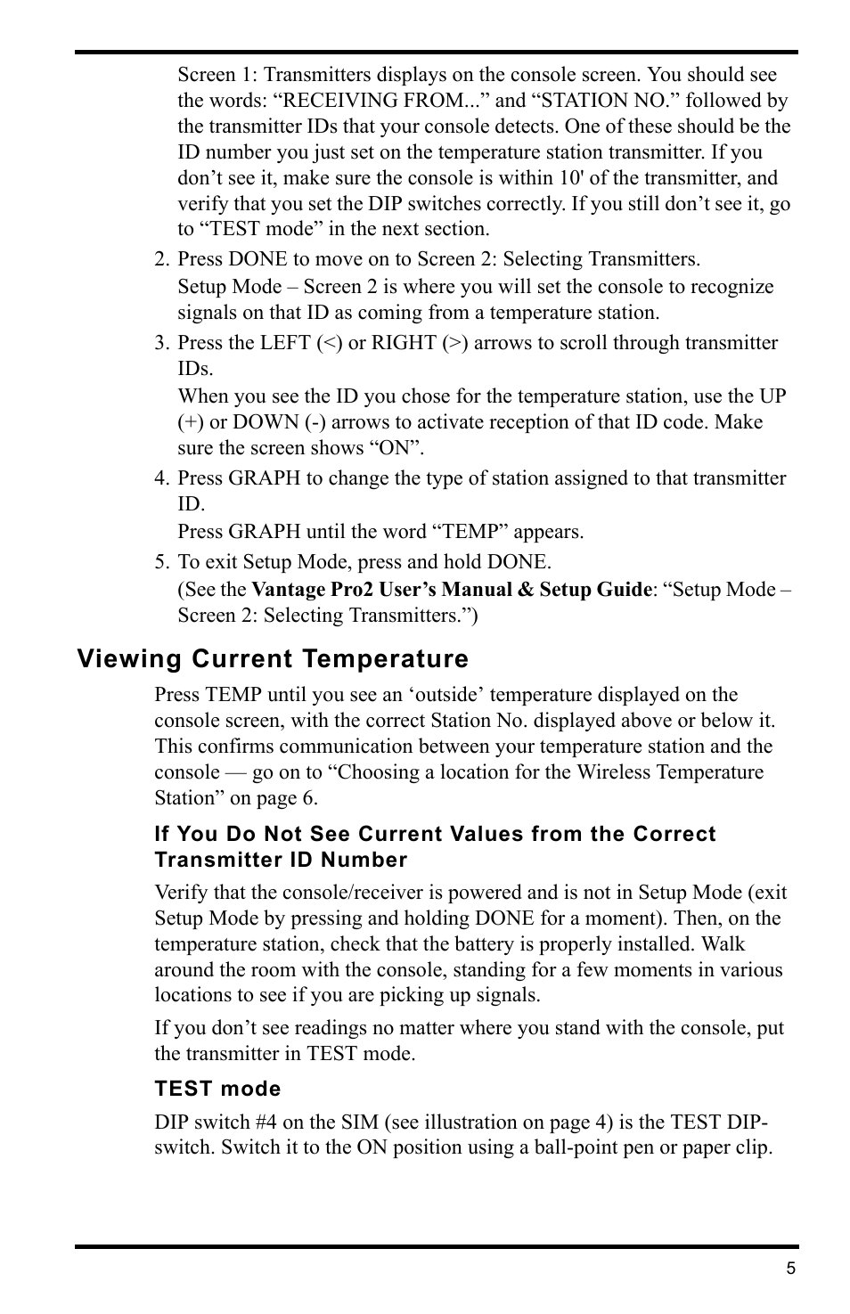 To exit setup mode, press and hold done, Viewing current temperature, Test mode | DAVIS Wireless Temperature Station (6372) Installation Manual User Manual | Page 5 / 12
