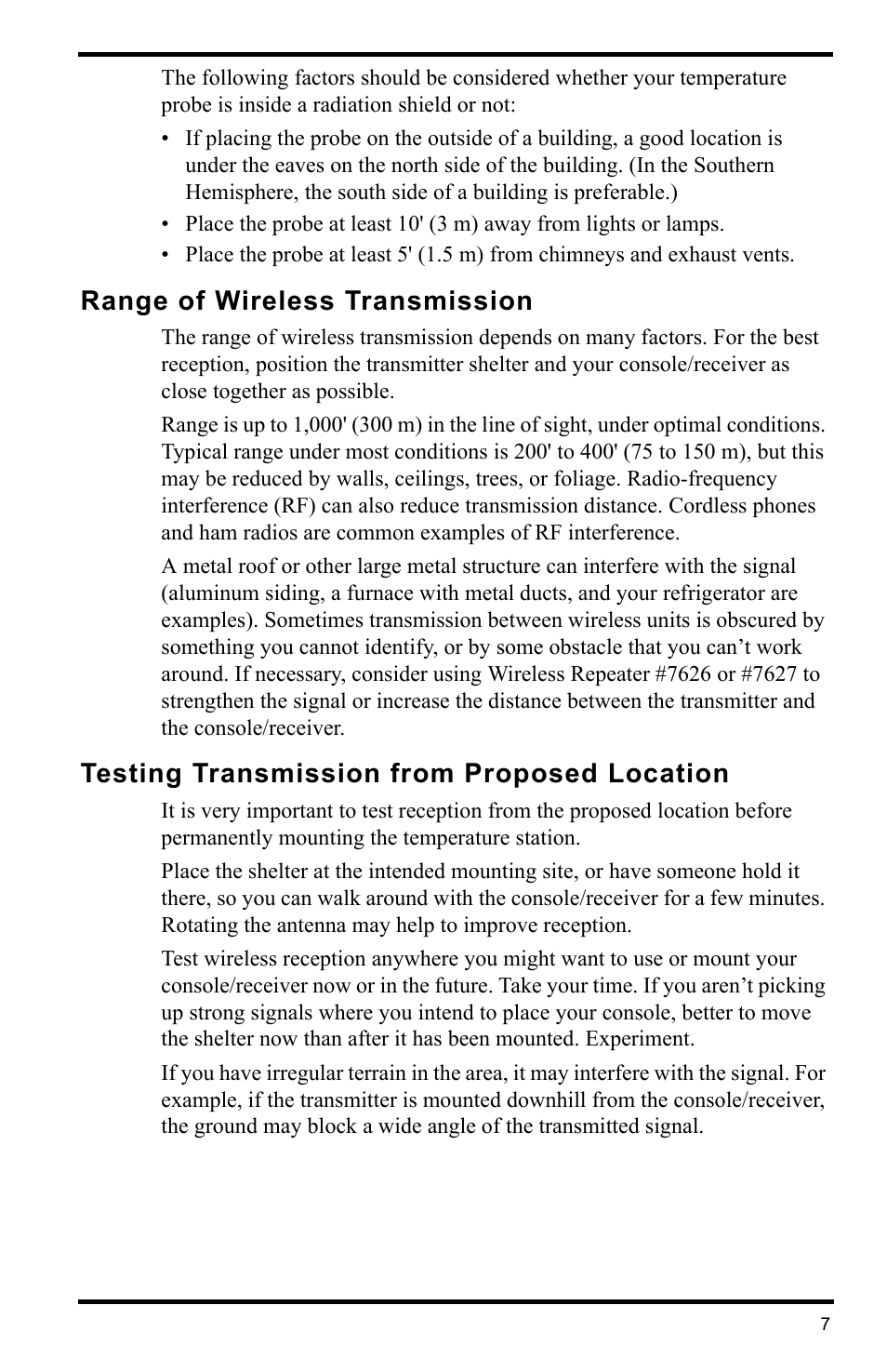 Range of wireless transmission, Testing transmission from proposed location | DAVIS Wireless Temperature Station (6372) Installation Manual User Manual | Page 7 / 12
