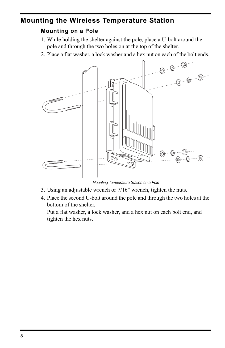 Mounting the wireless temperature station, Mounting on a pole, Mounting temperature station on a pole | DAVIS Wireless Temperature Station (6372) Installation Manual User Manual | Page 8 / 12