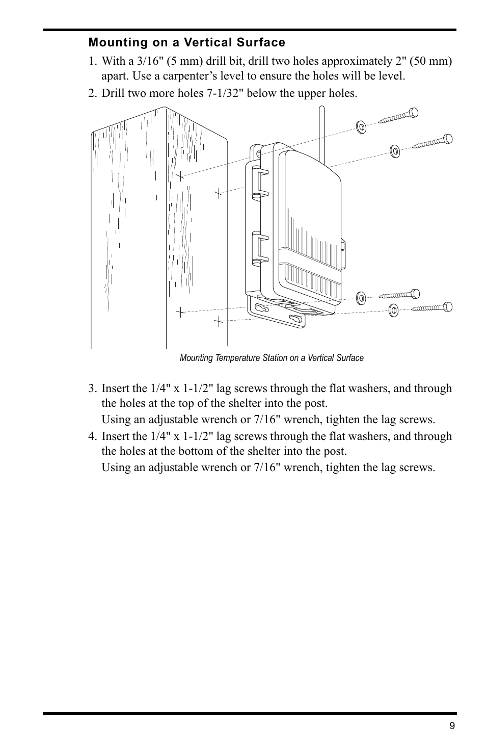 Mounting on a vertical surface, Drill two more holes 7-1/32" below the upper holes, Mounting temperature station on a vertical surface | DAVIS Wireless Temperature Station (6372) Installation Manual User Manual | Page 9 / 12