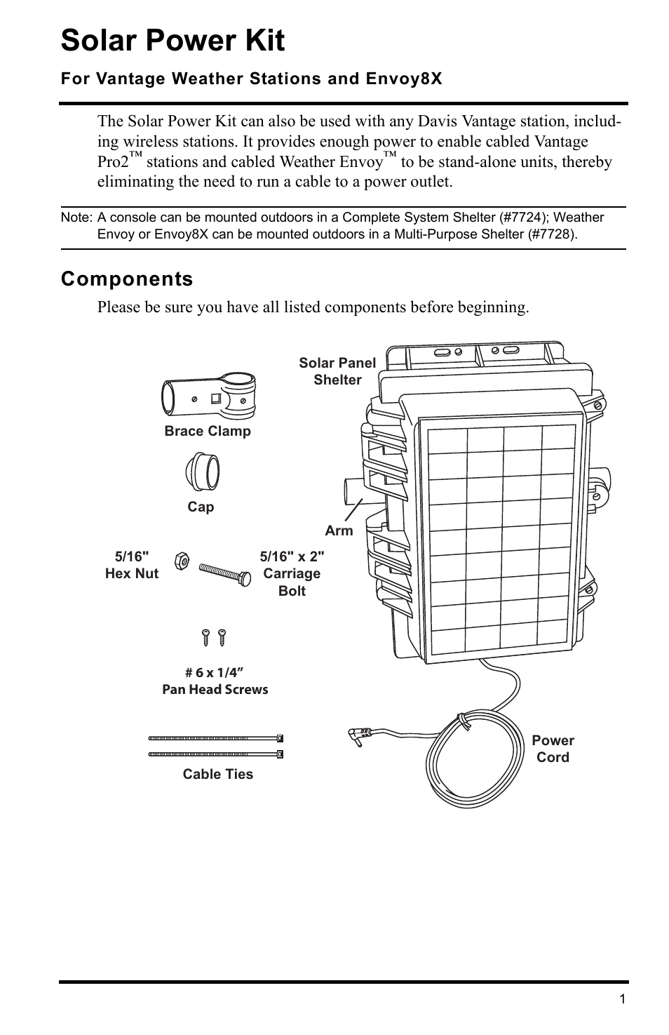 DAVIS Solar Power Kit For Vantage Weather Stations and Envoy8X User Manual | 8 pages