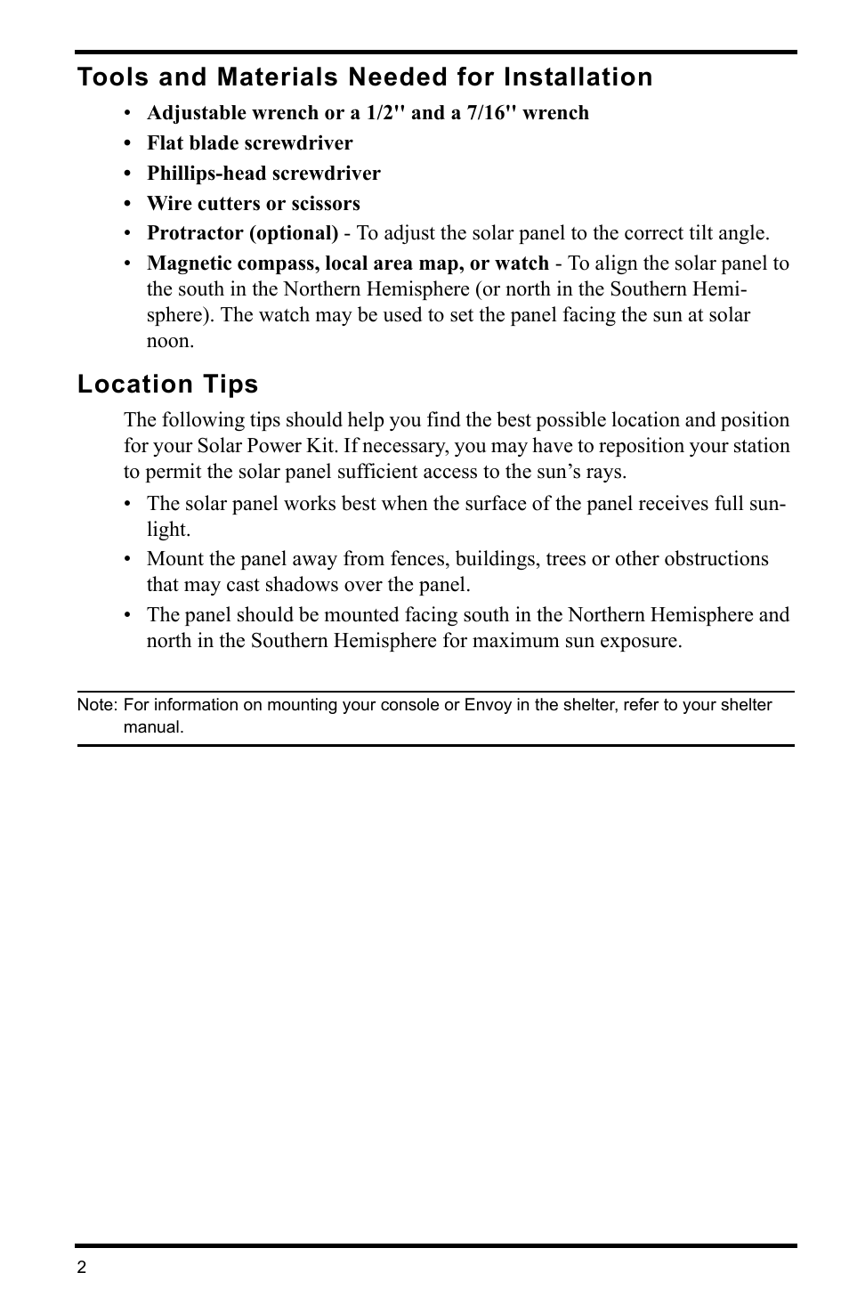 Tools and materials needed for installation, Location tips | DAVIS Solar Power Kit For Vantage Weather Stations and Envoy8X User Manual | Page 2 / 8