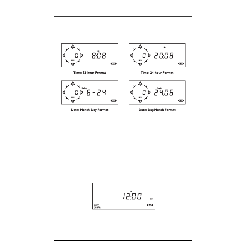 Selecting display format, Entering time, date, or year, Setting the time for autoclear | DAVIS Energy EnviroMonitor: Console User Manual | Page 49 / 63