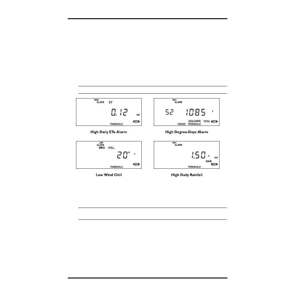 Alarms, The alarm display, Viewing an alarm threshold | DAVIS GroWeather Console User Manual | Page 54 / 65