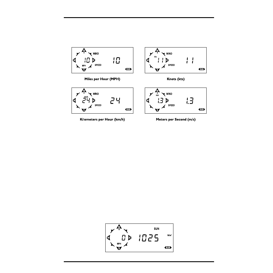 Selecting units of measure, Sample units of measure, High wind speed | Alarms, Solar radiation, Viewing solar radiation, Current solar radiation intensity | DAVIS Health EnviroMonitor: Console User Manual | Page 21 / 60