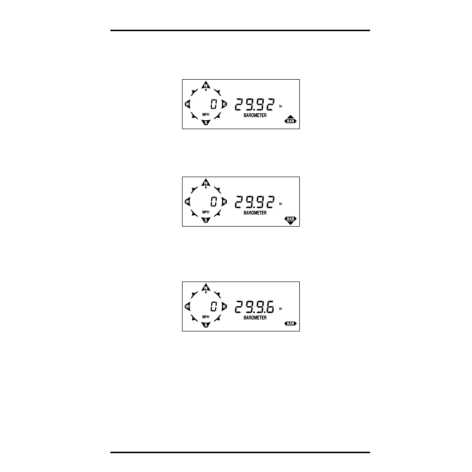 Rising barometric pressure indicator, Falling barometric pressure indicator, Viewing barometric pressure | To display current barometric pressure, press bar, Current barometric pressure | DAVIS Health EnviroMonitor: Console User Manual | Page 23 / 60