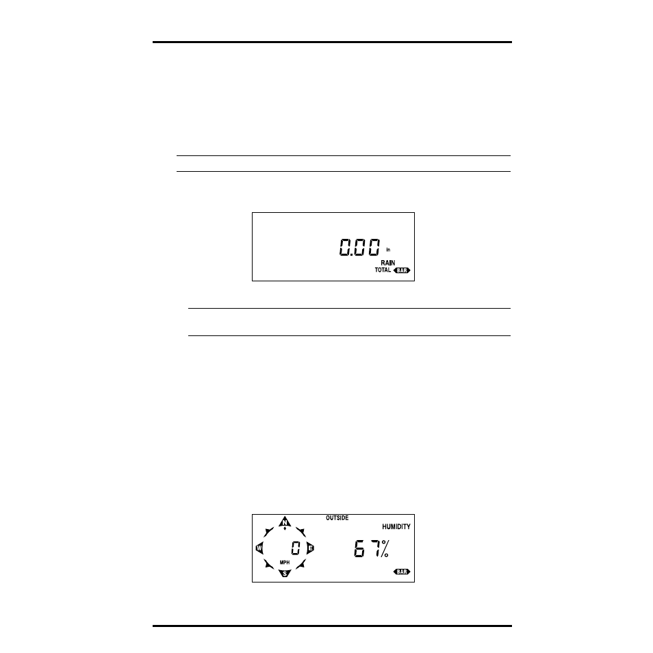 High rate of rainfall, Clearing daily and total rainfall, Total rainfall cleared | Alarms, Relative humidity, Viewing humidity, To display the current outside humidity, press hum, Current outside humidity | DAVIS Health EnviroMonitor: Console User Manual | Page 27 / 60