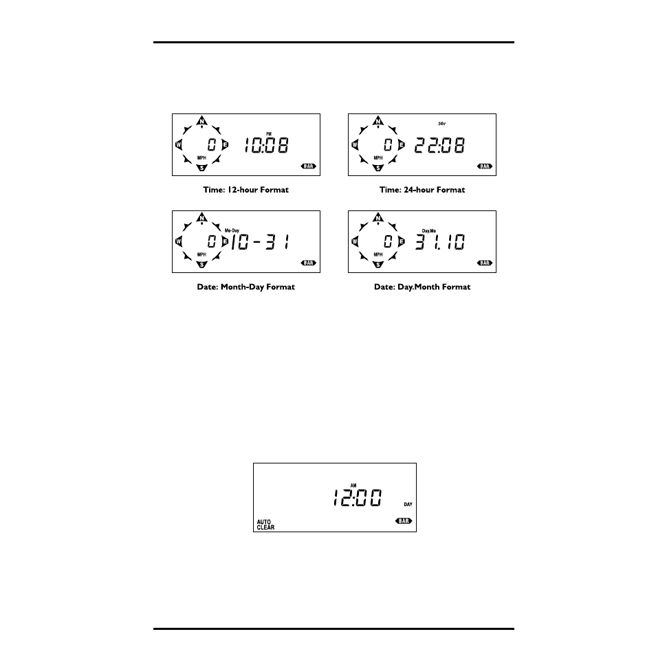 Selecting display format, Sample display formats, Entering time, date, or year | Use enter to set the time, date, or year, Press time to exit, Setting the time for autoclear, Press time until the autoclear screen appears, Autoclear time | DAVIS Health EnviroMonitor: Console User Manual | Page 31 / 60