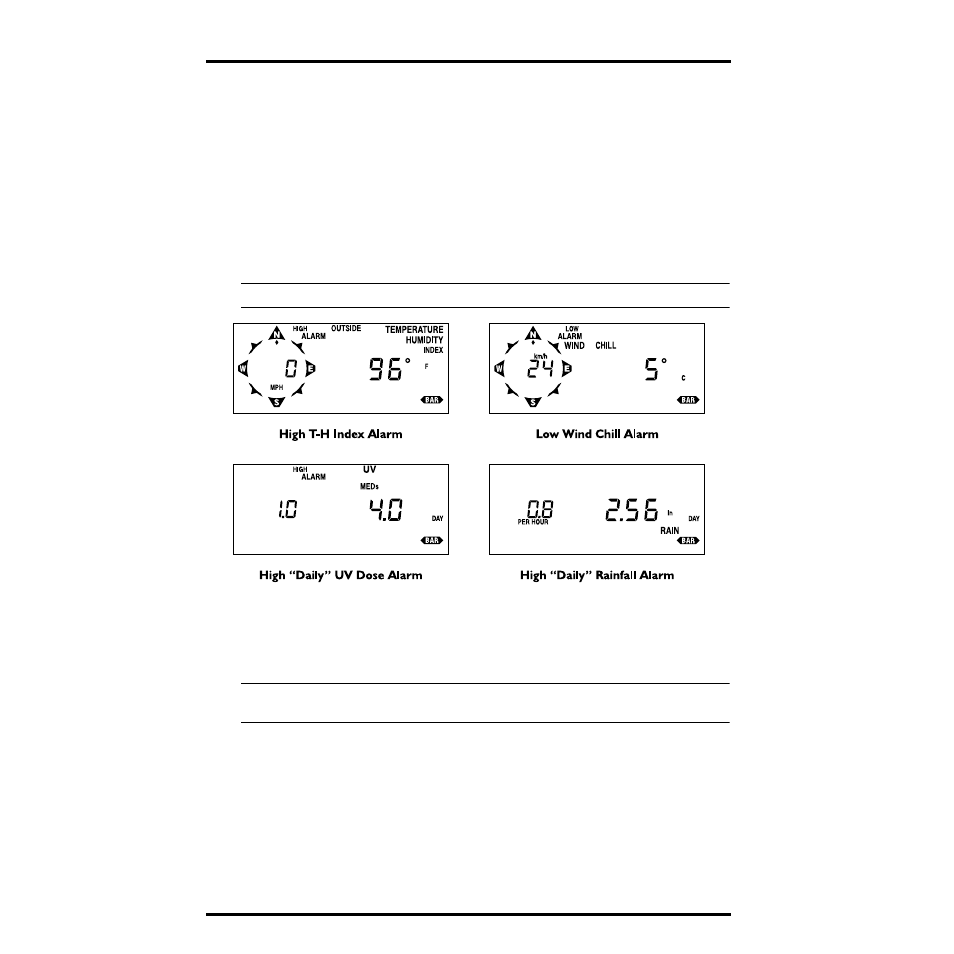 Alarms, The alarm display, Sample alarm displays | Viewing an alarm threshold, Press alarm | DAVIS Health EnviroMonitor: Console User Manual | Page 34 / 60
