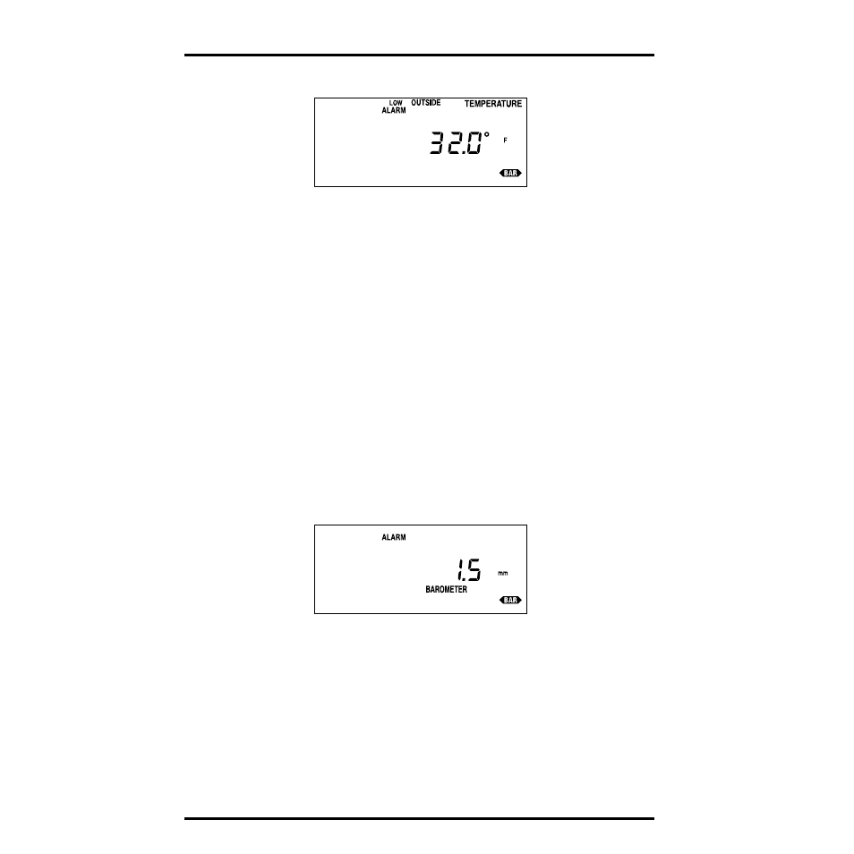 Use enter to set the alarm to 32˚f, Low outside temperature alarm threshold (32˚f), Press temp to save and exit | Setting the barometric pressure alarm, Press and hold down enter, Release enter when the desired setting appears, Barometric pressure alarm (1.5 mm per hour), Press bar to save and exit, Setting the dew-point alarm | DAVIS Health EnviroMonitor: Console User Manual | Page 36 / 60