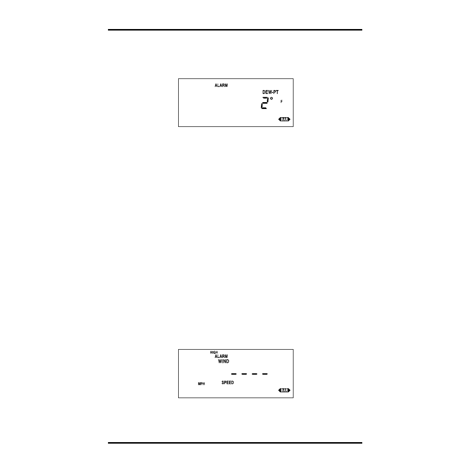 Press enter to activate the alarm, Dew-point alarm (2˚f), Press dew to save and exit | To silence an alarm, To clear an alarm, Alarm cleared | DAVIS Health EnviroMonitor: Console User Manual | Page 37 / 60