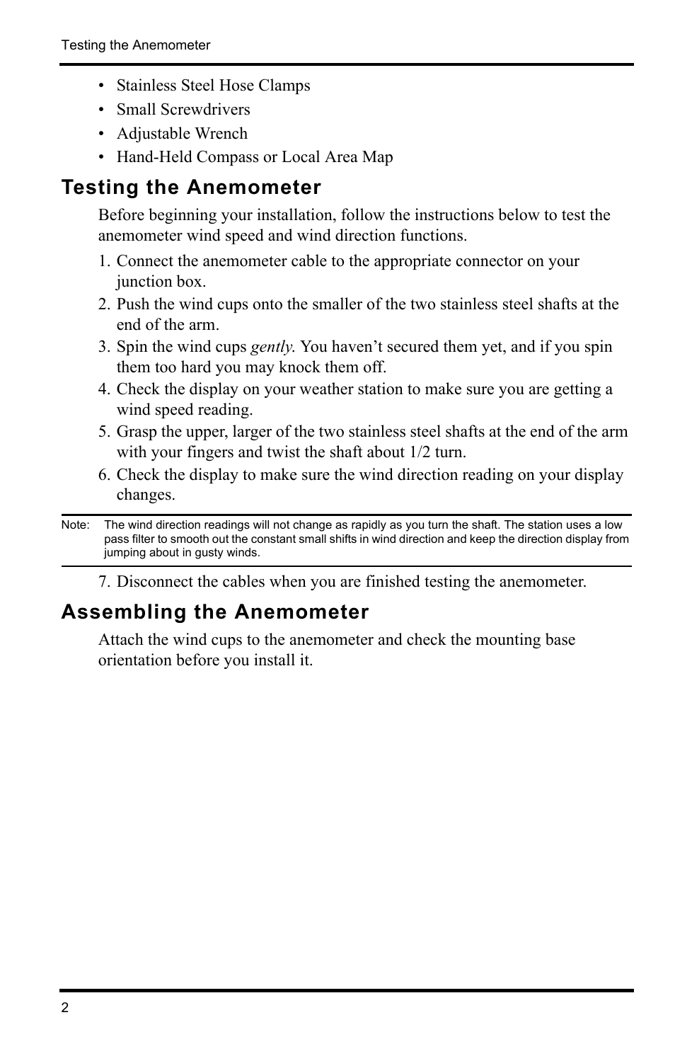 Testing the anemometer, Assembling the anemometer | DAVIS Anemometer (7911, 7914) User Manual | Page 2 / 8