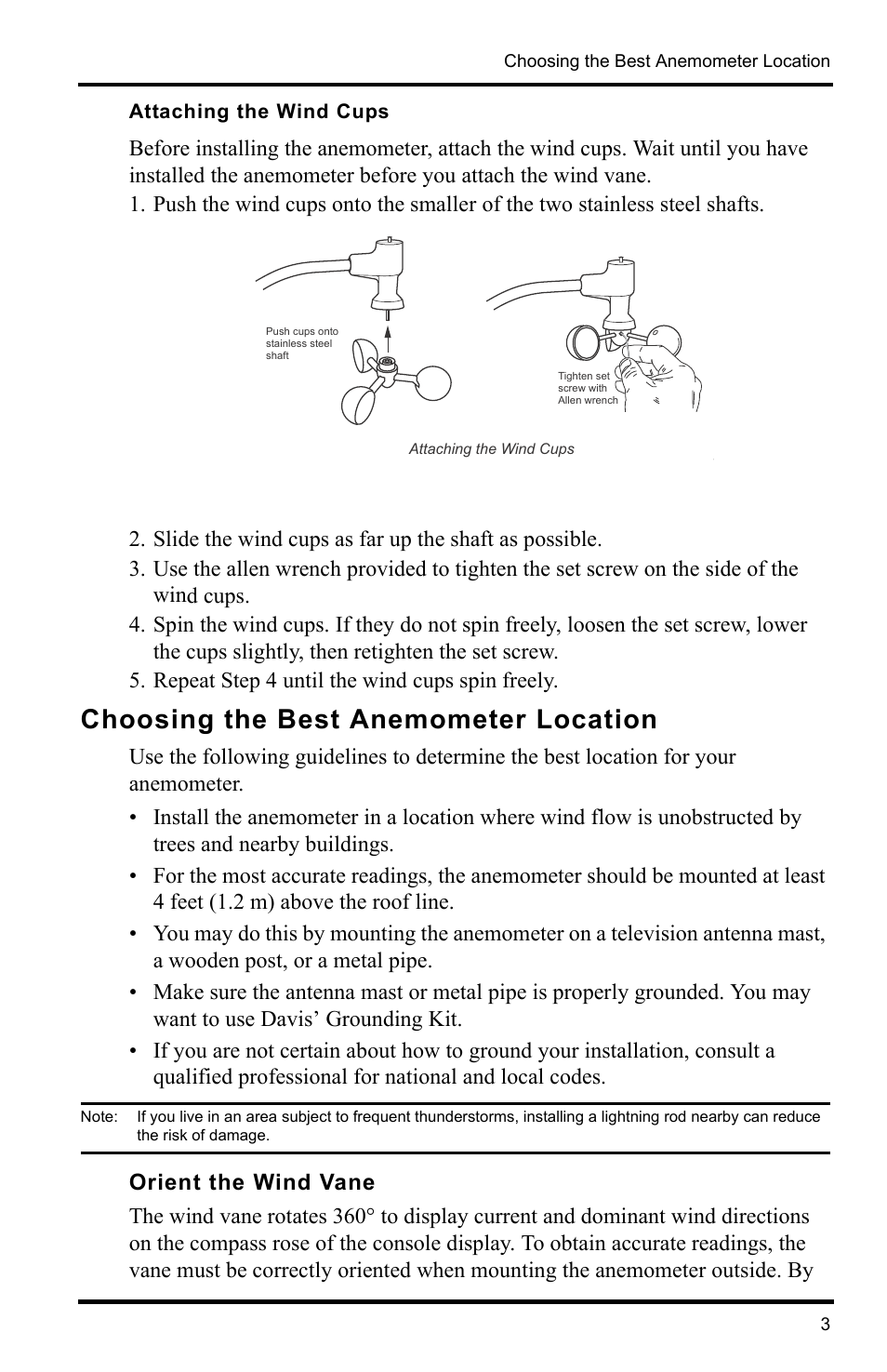 Repeat step 4 until the wind cups spin freely, Choosing the best anemometer location, Orient the wind vane | DAVIS Anemometer (7911, 7914) User Manual | Page 3 / 8