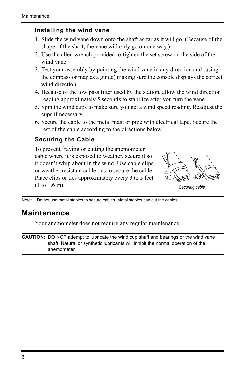 Installing the wind vane, Securing the cable, Securing cable | Maintenance | DAVIS Anemometer (7911, 7914) User Manual | Page 6 / 8