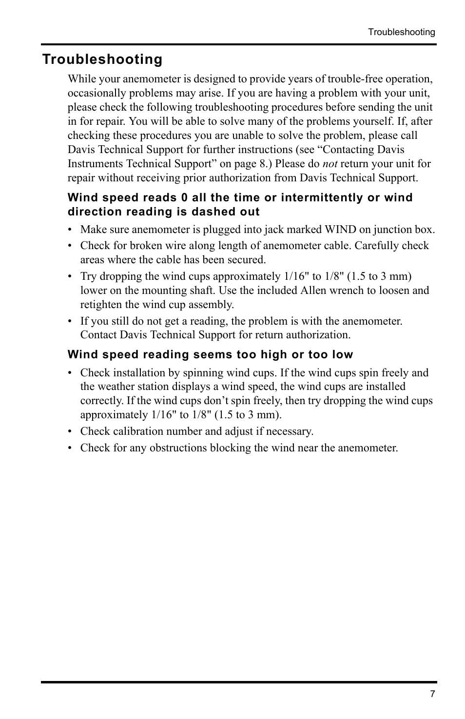 Troubleshooting, Wind speed reading seems too high or too low | DAVIS Anemometer (7911, 7914) User Manual | Page 7 / 8