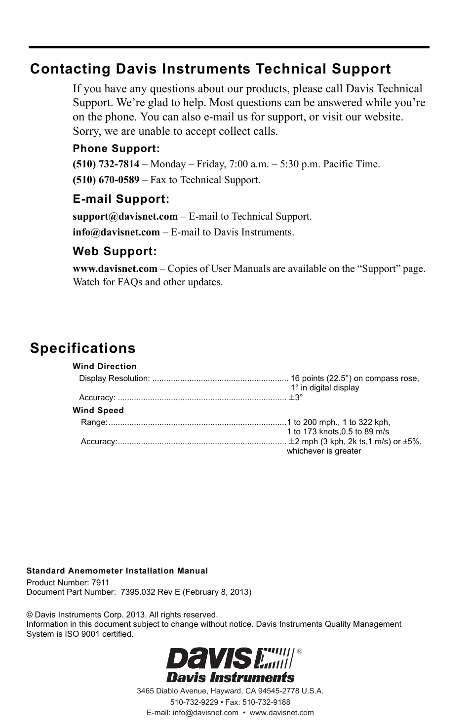 Contacting davis instruments technical support, Phone support, E-mail support | Web support, Specifications, Wind direction, Accuracy: ±3, Wind speed | DAVIS Anemometer (7911, 7914) User Manual | Page 8 / 8