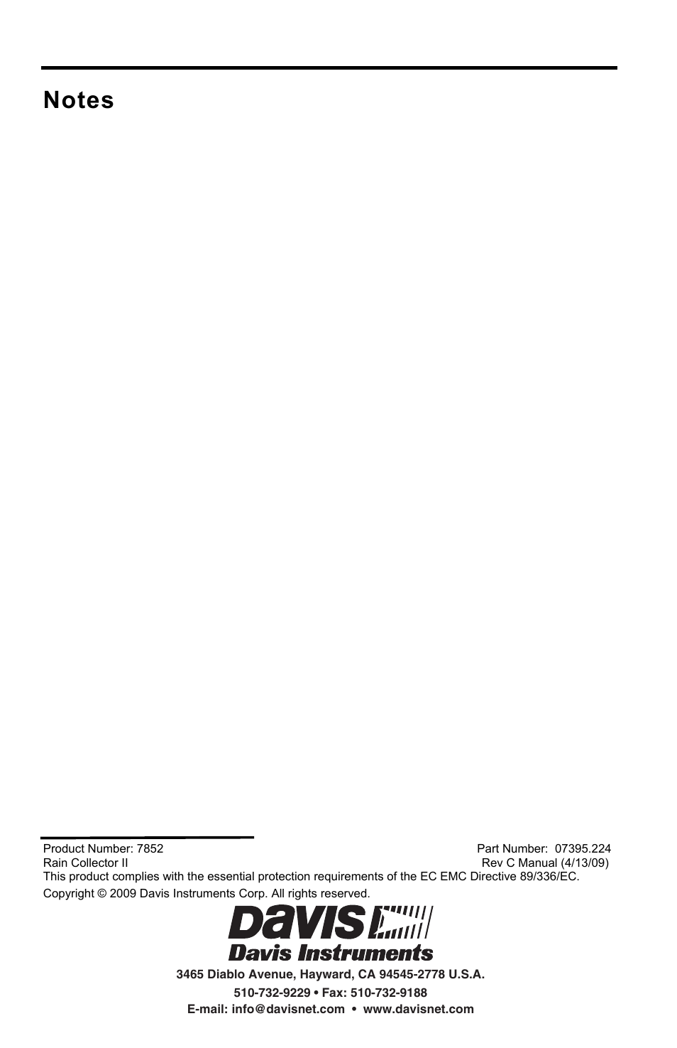 Notes | DAVIS Rain Collector II for GroWeather, EnviroMonitor, Weather Monitor and Wizard User Manual | Page 16 / 16