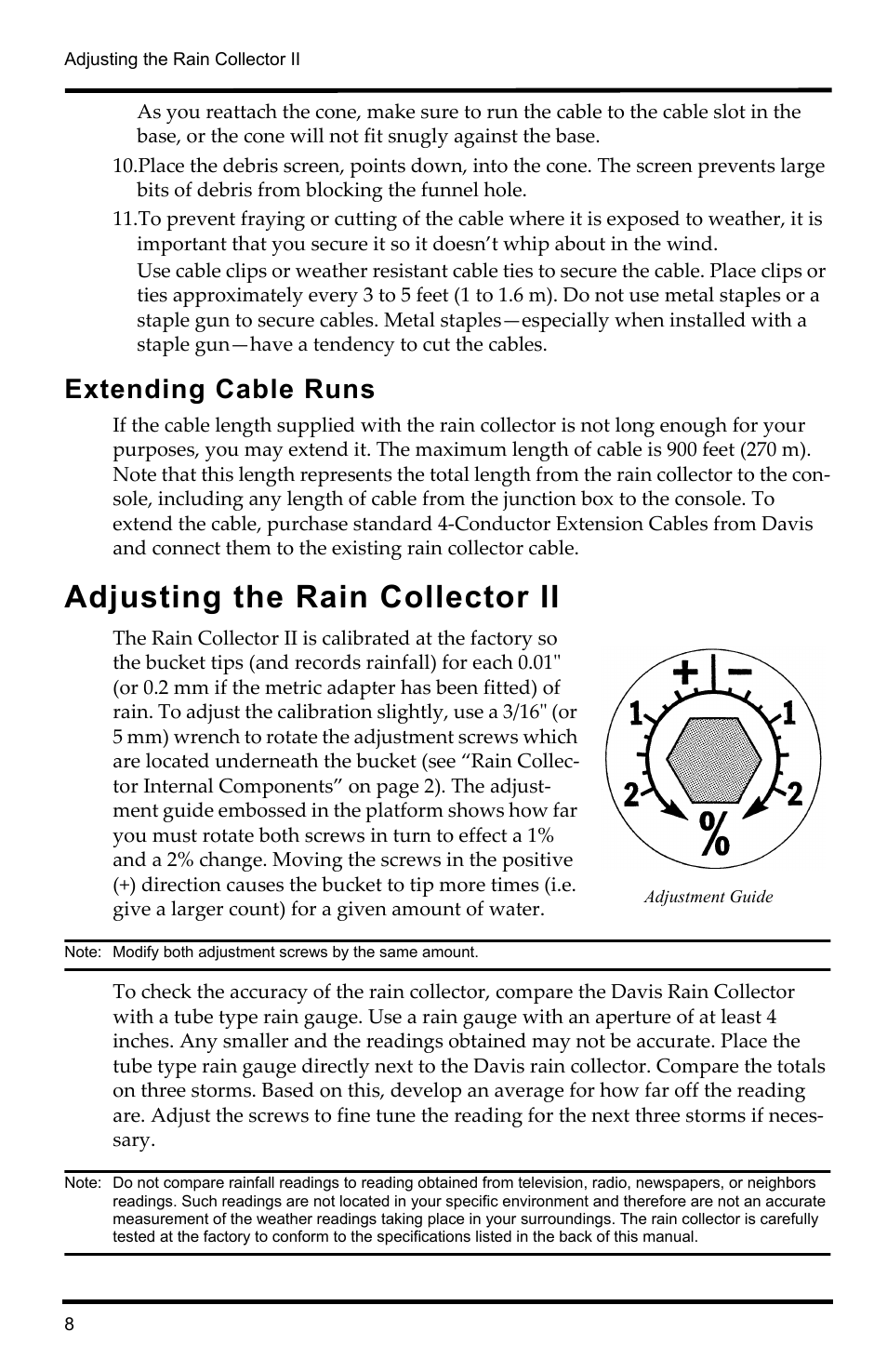 Extending cable runs, Adjusting the rain collector ii, Adjustment guide | DAVIS Rain Collector II for GroWeather, EnviroMonitor, Weather Monitor and Wizard User Manual | Page 8 / 16