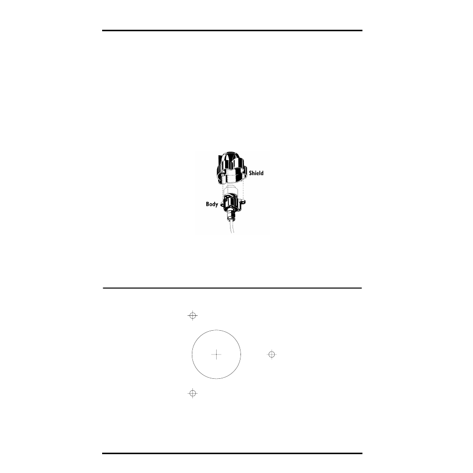 Mounting on a wood surface, Place the shield onto the body as shown below, Placing shield onto body | Uv sensor mounting holes template | DAVIS Sensor - UV for GroWeather or EnviroMonitor User Manual | Page 10 / 16