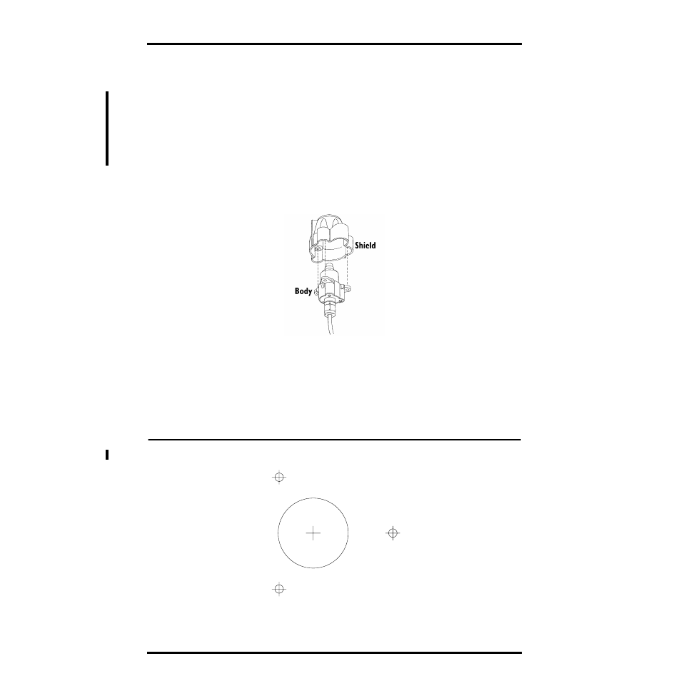 Mounting the sensor on a wood surface, Place the shield onto the body as shown below, Placing shield onto body | Solar radiation sensor mounting holes template | DAVIS Solar Radiation Sensor for GroWeather and EnviroMonitor User Manual | Page 10 / 16