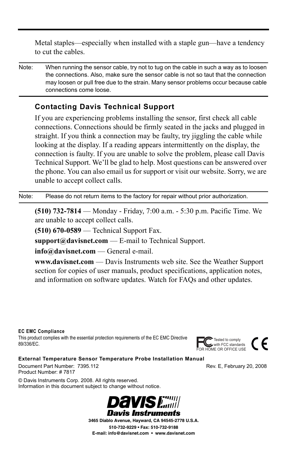 Contacting davis technical support | DAVIS Temperature Sensor/Probe for GroWeather, EnviroMon., Weather Monitor/Wizard User Manual | Page 4 / 4