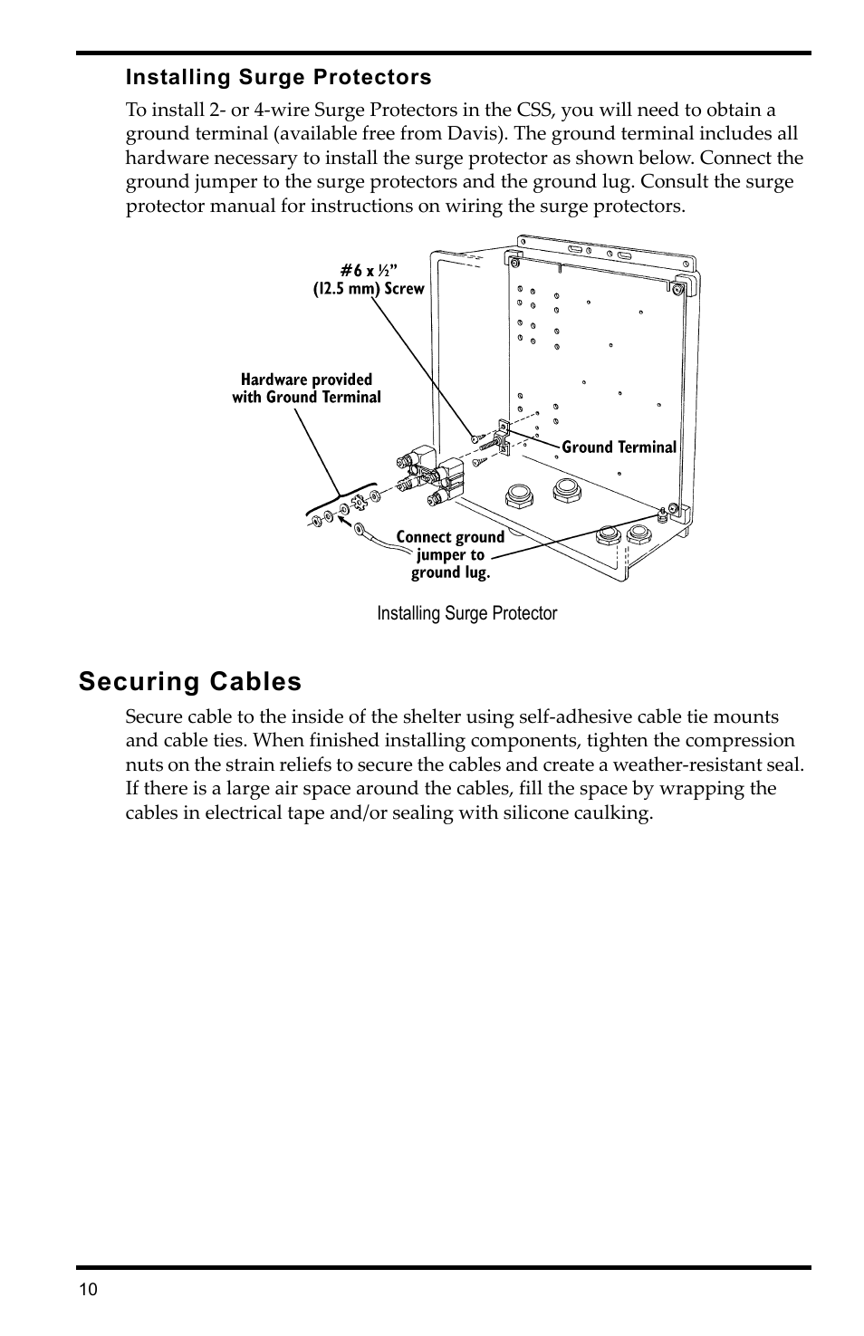 Installing surge protectors, Installing surge protector, Securing cables | DAVIS Complete System Shelter User Manual | Page 10 / 12
