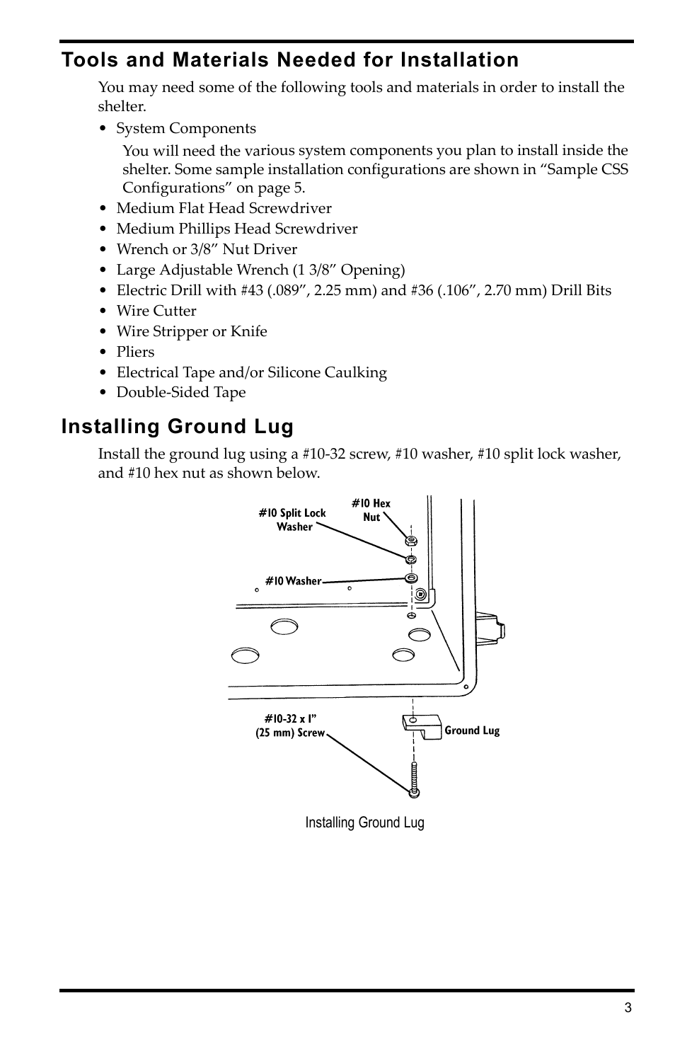 Tools and materials needed for installation, Installing ground lug | DAVIS Complete System Shelter User Manual | Page 3 / 12