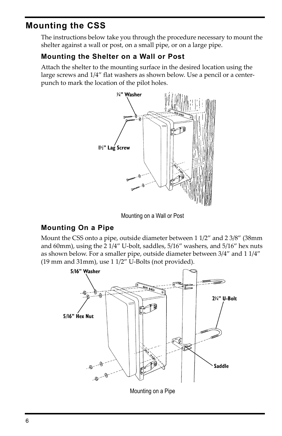 Mounting the css, Mounting the shelter on a wall or post, Mounting on a wall or post | Mounting on a pipe | DAVIS Complete System Shelter User Manual | Page 6 / 12