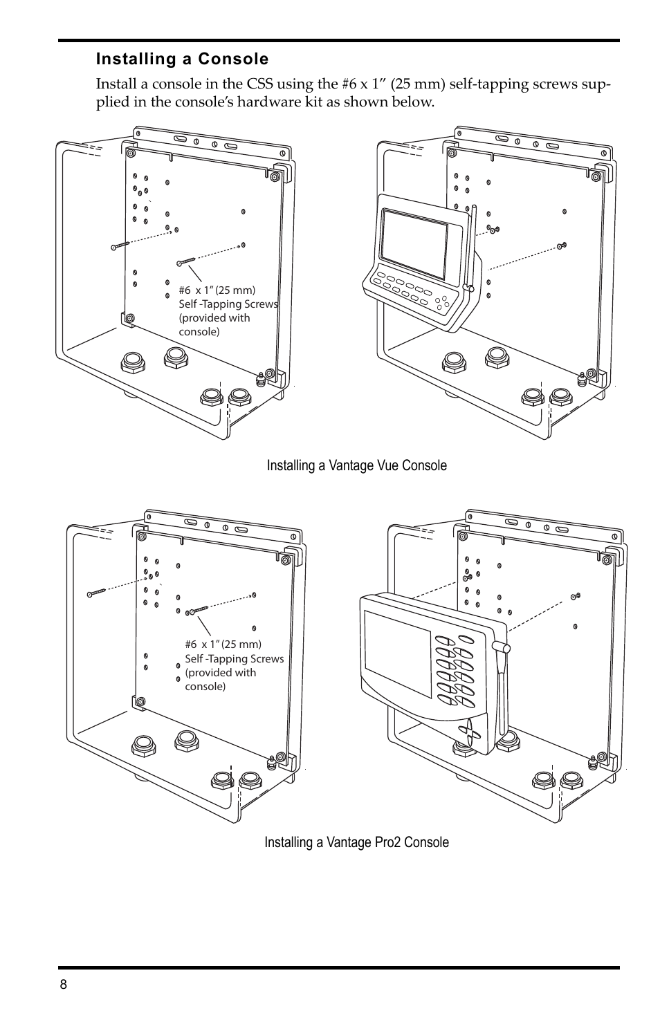 Installing a console, Installing a vantage vue console, Installing a vantage pro2 console | DAVIS Complete System Shelter User Manual | Page 8 / 12