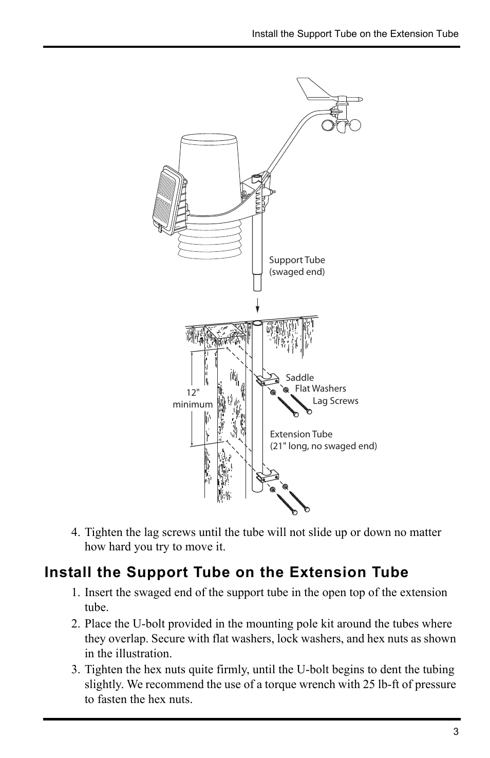 Install the support tube on the extension tube | DAVIS Mounting Pole Kit Installation User Manual | Page 3 / 4