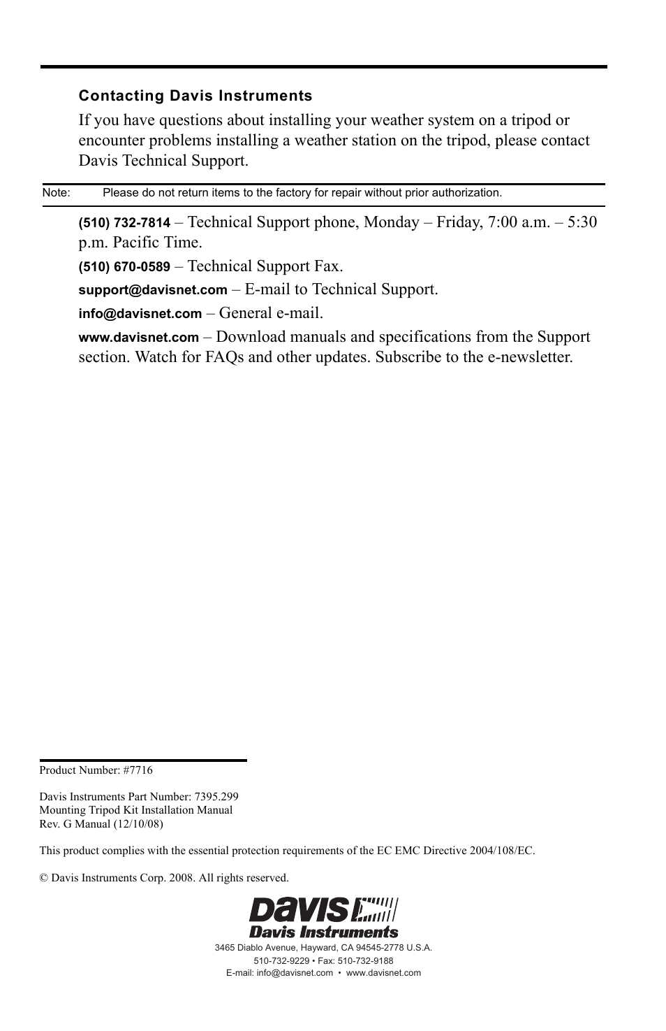 Contacting davis instruments, Technical support fax, E-mail to technical support | General e-mail | DAVIS Mounting Tripod Kit User Manual | Page 8 / 8