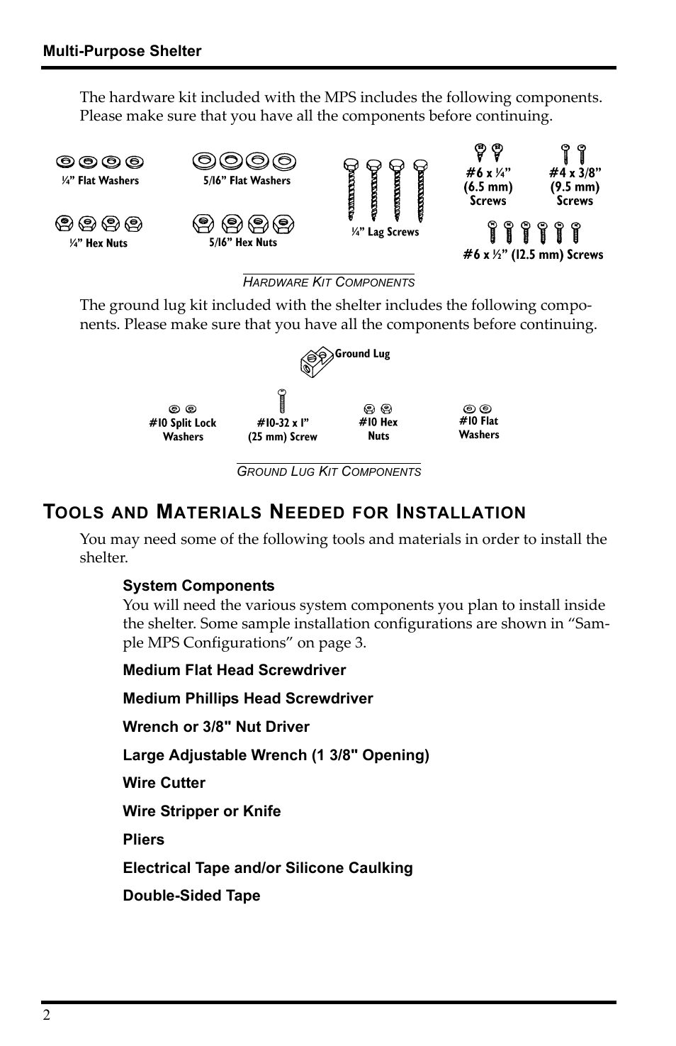 Hardware kit components, Ground lug kit components | DAVIS Multi-purpose Shelter User Manual | Page 4 / 12
