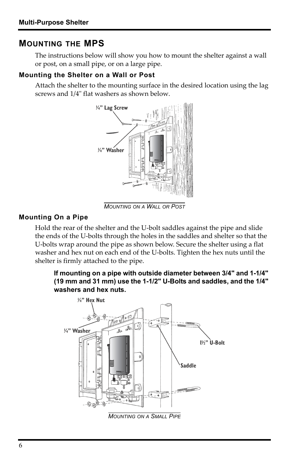 Mounting on a wall or post, Mounting on a small pipe, Ounting | DAVIS Multi-purpose Shelter User Manual | Page 8 / 12