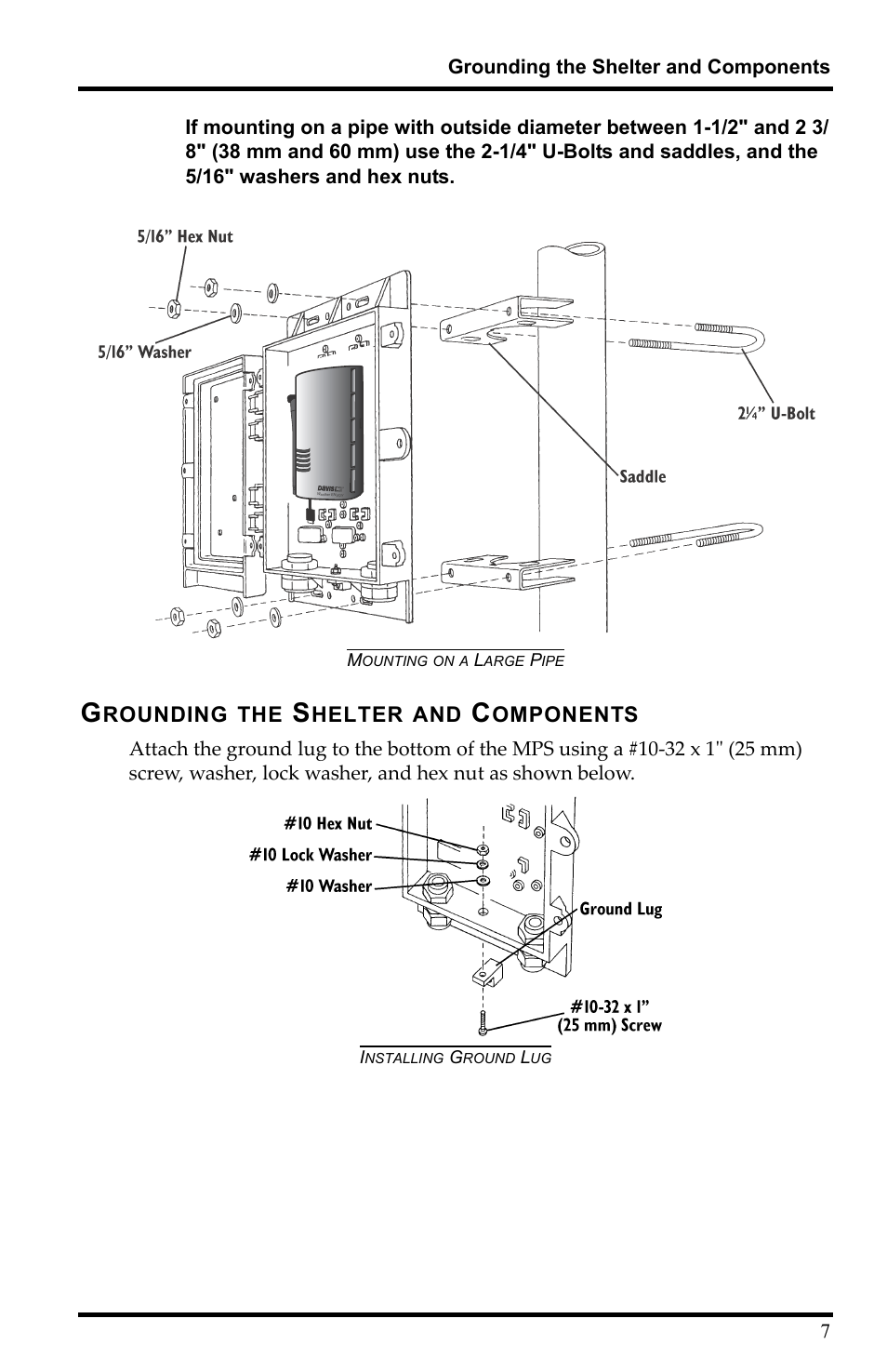 Mounting on a large pipe, Installing ground lug | DAVIS Multi-purpose Shelter User Manual | Page 9 / 12