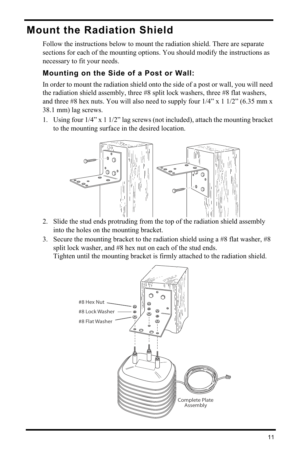 Mount the radiation shield, Mounting on the side of a post or wall | DAVIS Radiation Shield (7714) User Manual | Page 13 / 16