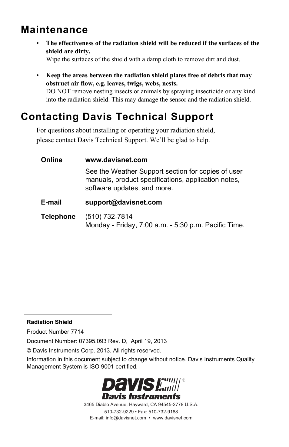 Maintenance, Contacting davis technical support | DAVIS Radiation Shield (7714) User Manual | Page 16 / 16