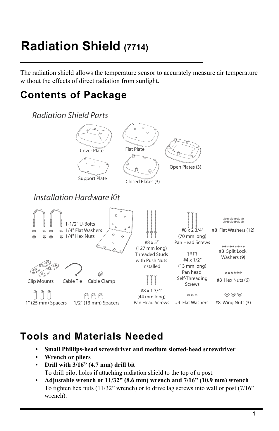 Contents of package, Tools and materials needed, Radiation shield | Contents of package tools and materials needed, Radiation shield parts installation hardware kit | DAVIS Radiation Shield (7714) User Manual | Page 3 / 16