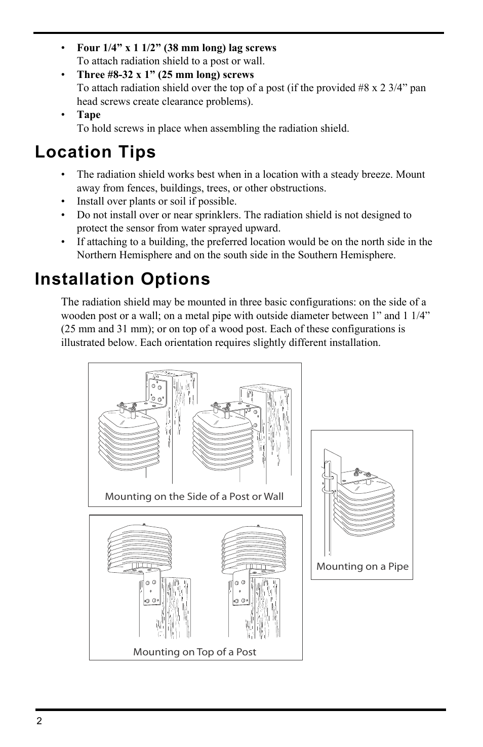 Location tips, Installation options | DAVIS Radiation Shield (7714) User Manual | Page 4 / 16