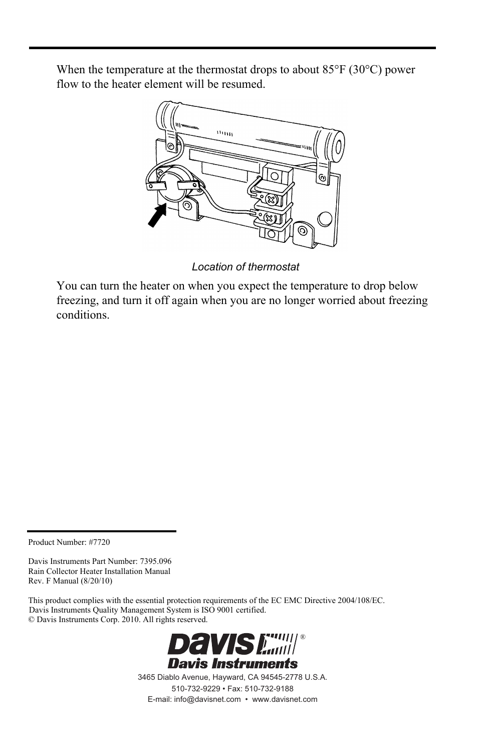 Location of thermostat | DAVIS Rain Collector Heater User Manual | Page 12 / 12
