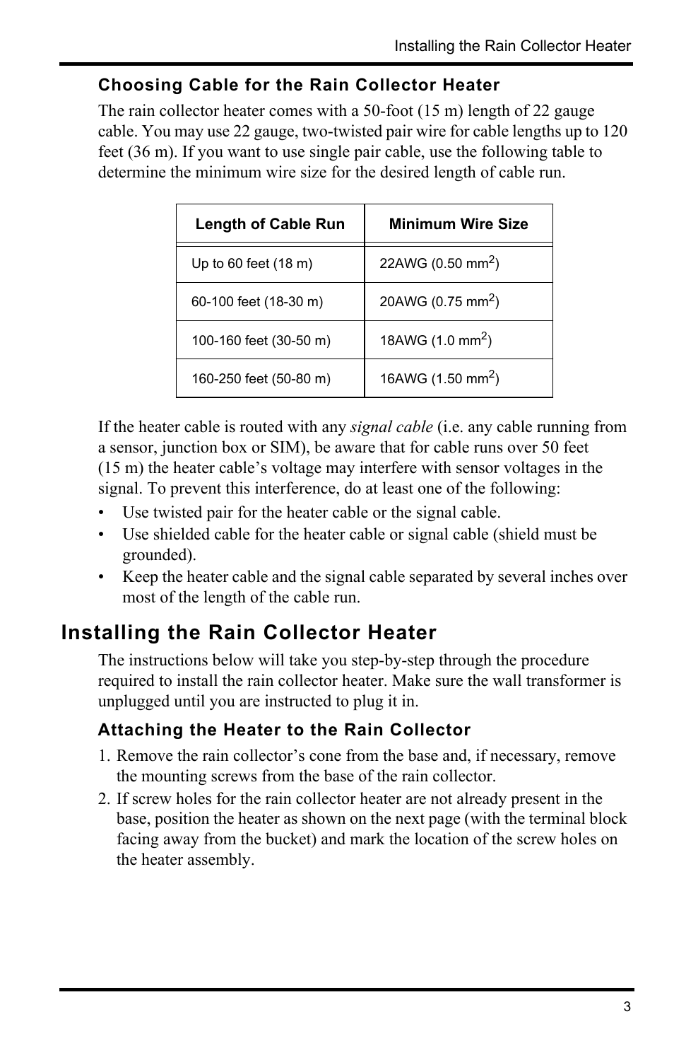 Choosing cable for the rain collector heater, Installing the rain collector heater, Attaching the heater to the rain collector | DAVIS Rain Collector Heater User Manual | Page 3 / 12