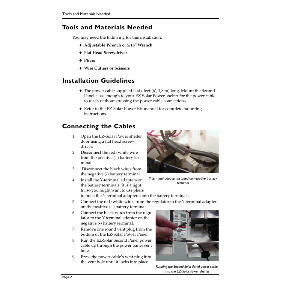 Tools and materials needed, Installation guidelines, Connecting the cables | DAVIS Second Solar Panel for EZ-Mount Solar Power Kit User Manual | Page 2 / 4