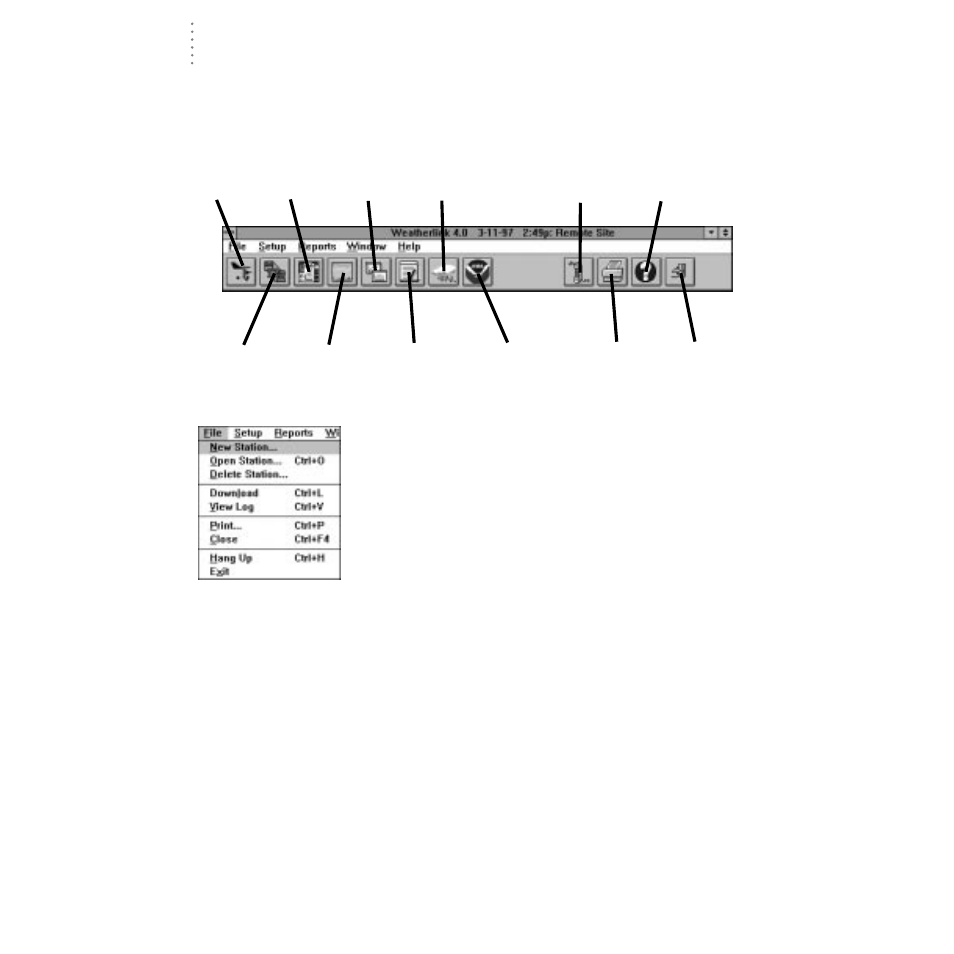 The toolbar, File menu | DAVIS WeatherLink for Windows 4.0 User Manual | Page 23 / 116