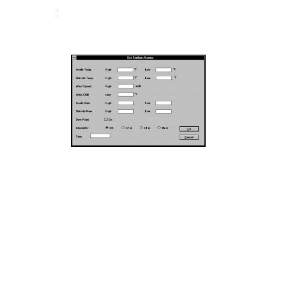 Set alarms, Clear | DAVIS WeatherLink for Windows 4.0 User Manual | Page 37 / 116