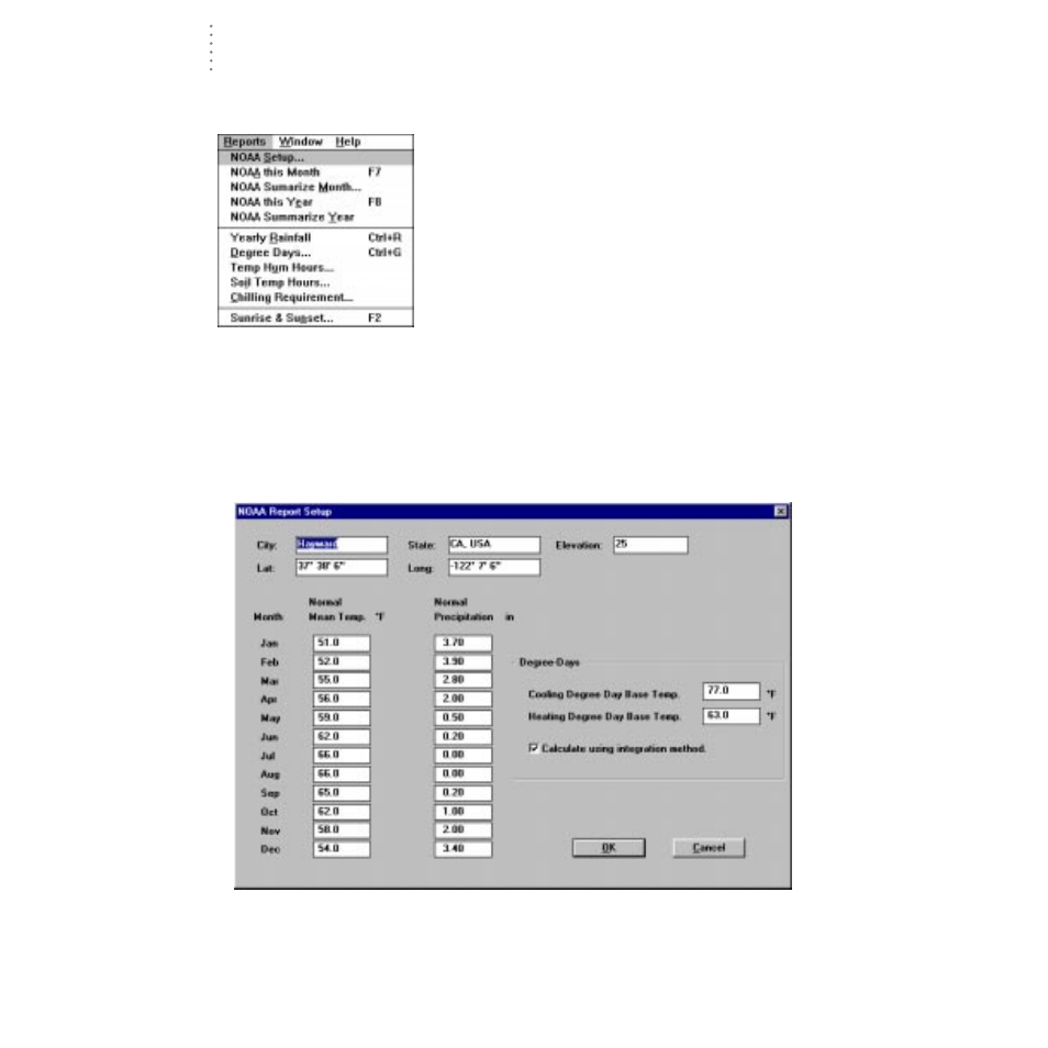 Reports menu, Printing reports, Noaa setup | DAVIS WeatherLink for Windows 4.0 User Manual | Page 43 / 116