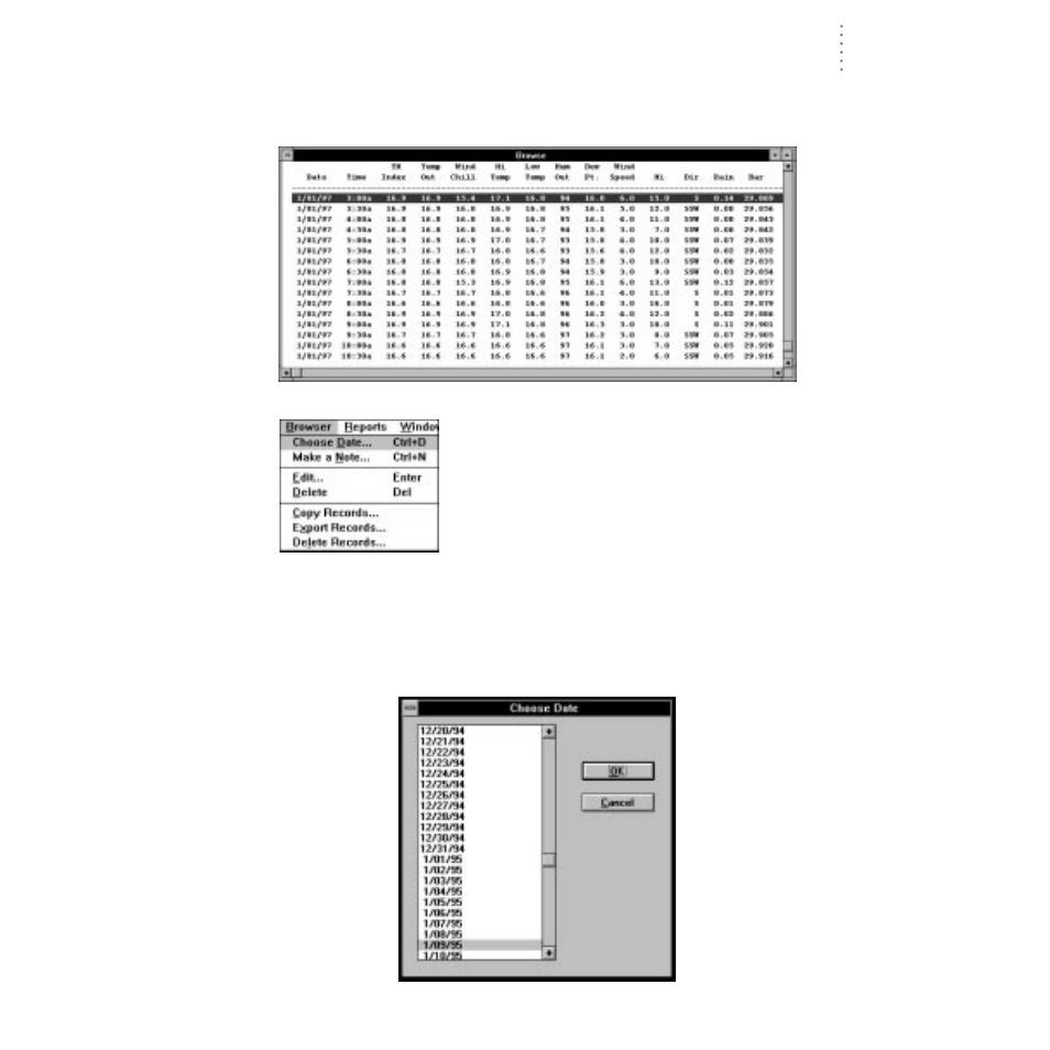 Using the browse window, Choose date | DAVIS WeatherLink for Windows 4.0 User Manual | Page 68 / 116