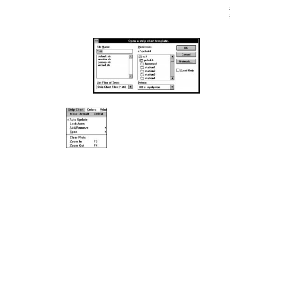 Opening a previously saved strip chart template, Strip chart menu | DAVIS WeatherLink for Windows 4.0 User Manual | Page 88 / 116
