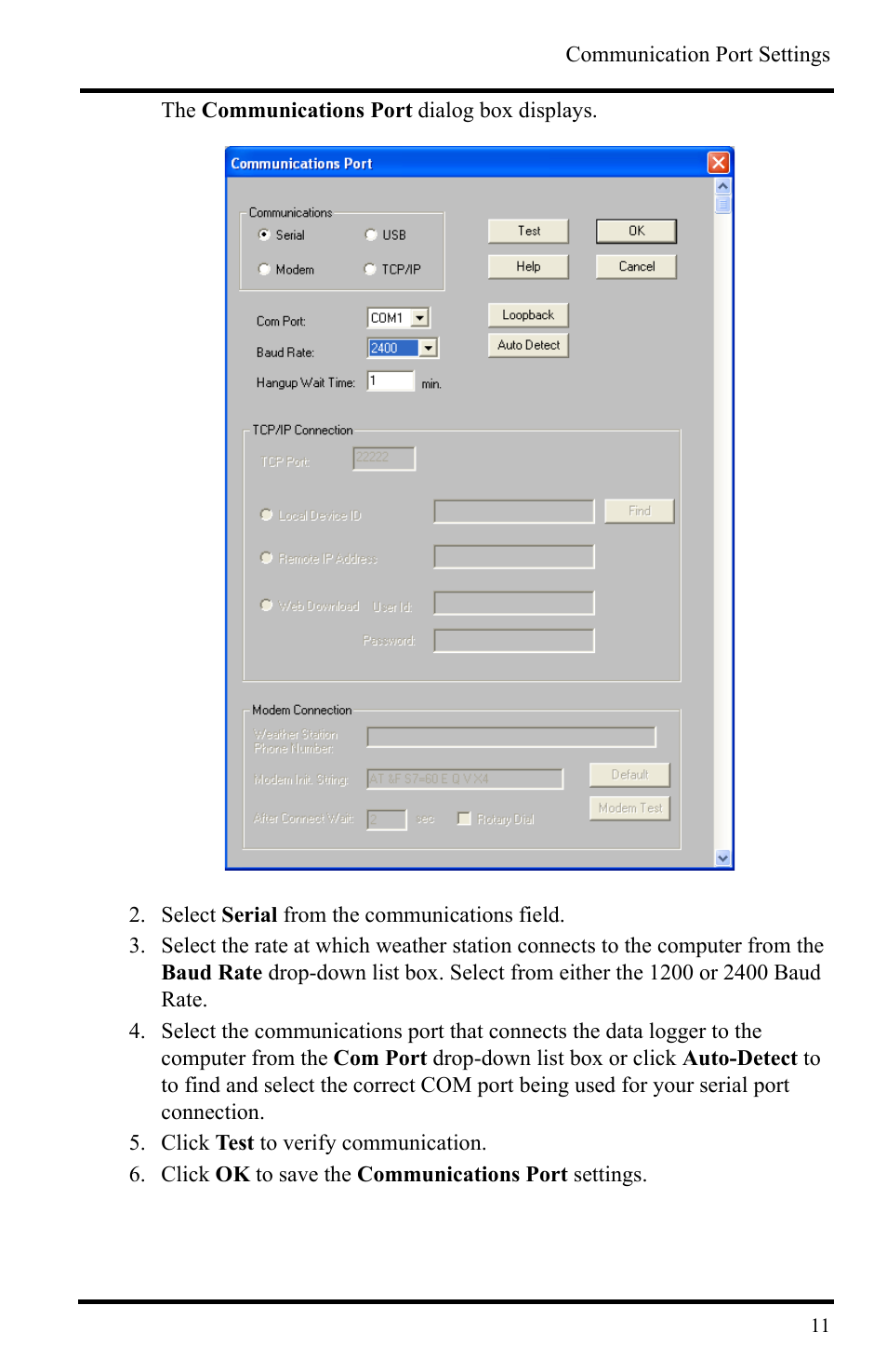 Select serial from the communications field, Click test to verify communication, Click ok to save the communications port settings | DAVIS WeatherLink Getting Started Guide User Manual | Page 13 / 20