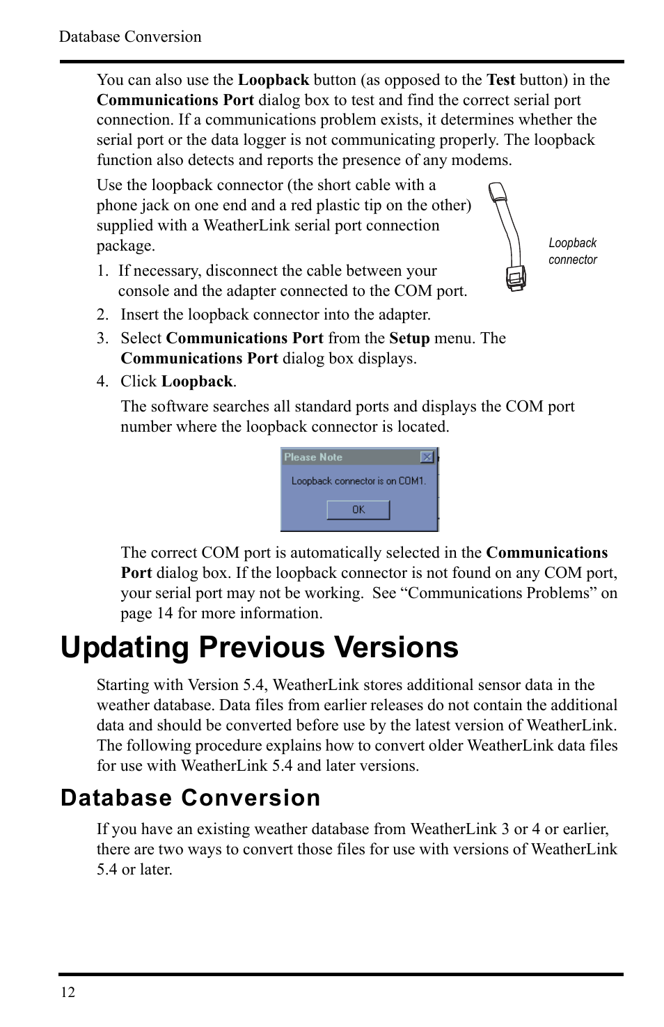 Loopback connector, Insert the loopback connector into the adapter, Click loopback | Updating previous versions, Database conversion | DAVIS WeatherLink Getting Started Guide User Manual | Page 14 / 20