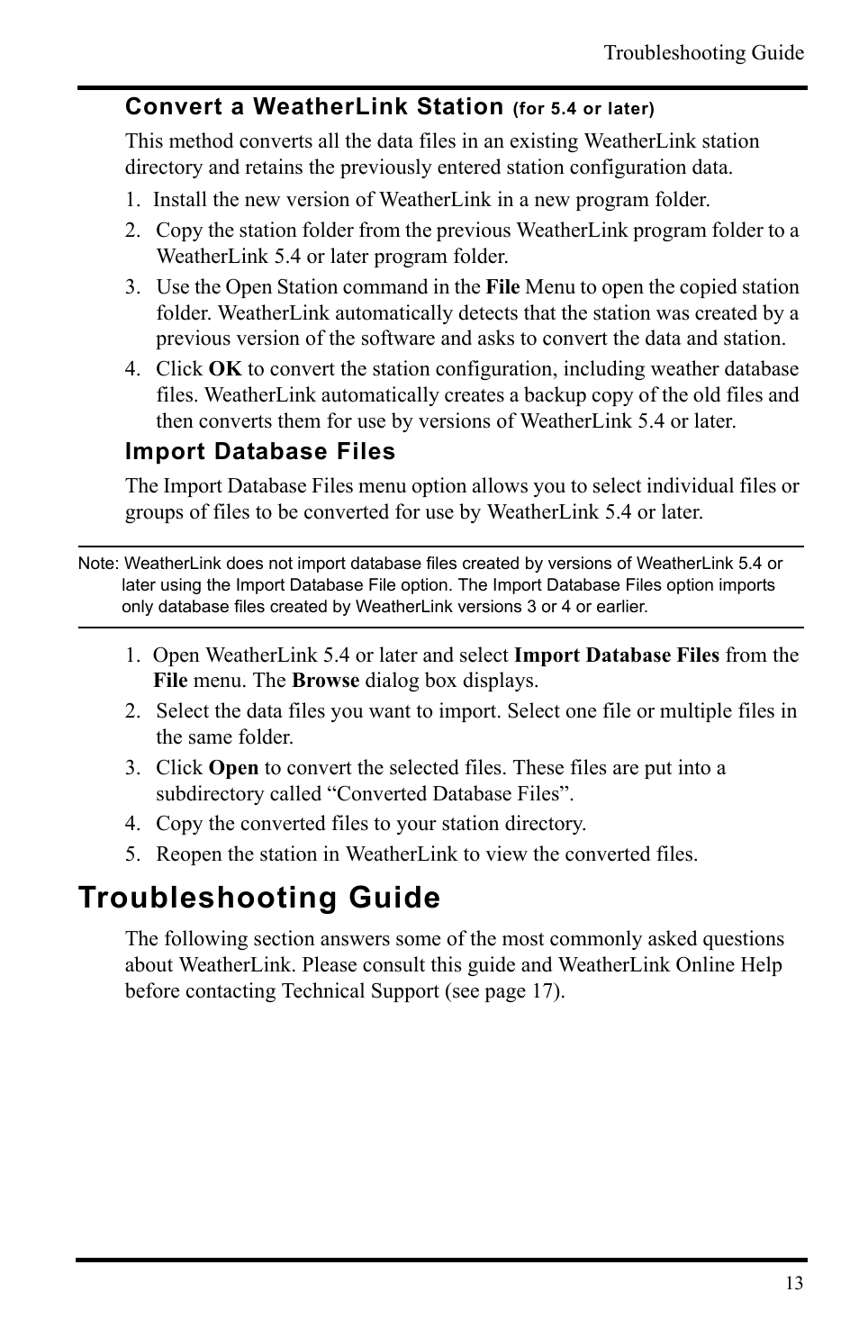 Convert a weatherlink station (for 5.4 or later), Import database files, Copy the converted files to your station directory | Troubleshooting guide | DAVIS WeatherLink Getting Started Guide User Manual | Page 15 / 20